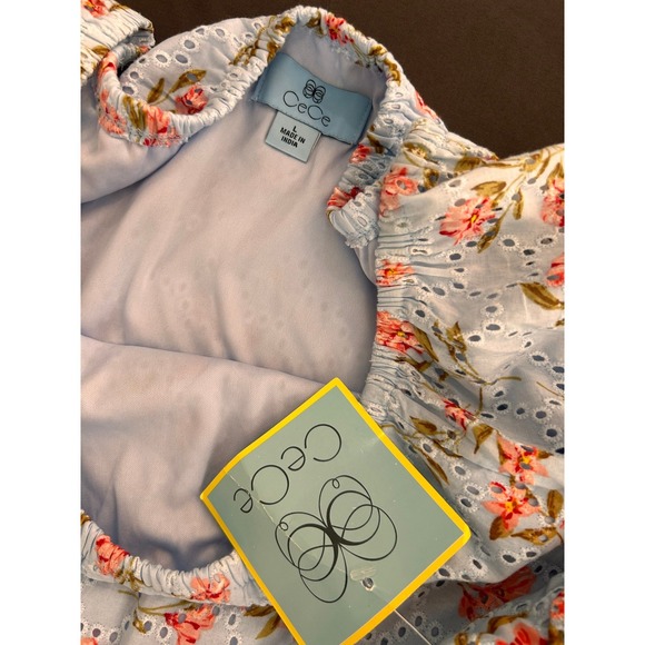 NWT CeCe Blue Floral Eyelet Off Shoulder Ruffle Sleeve Blouse Top Oversize Large - Picture 3 of 7